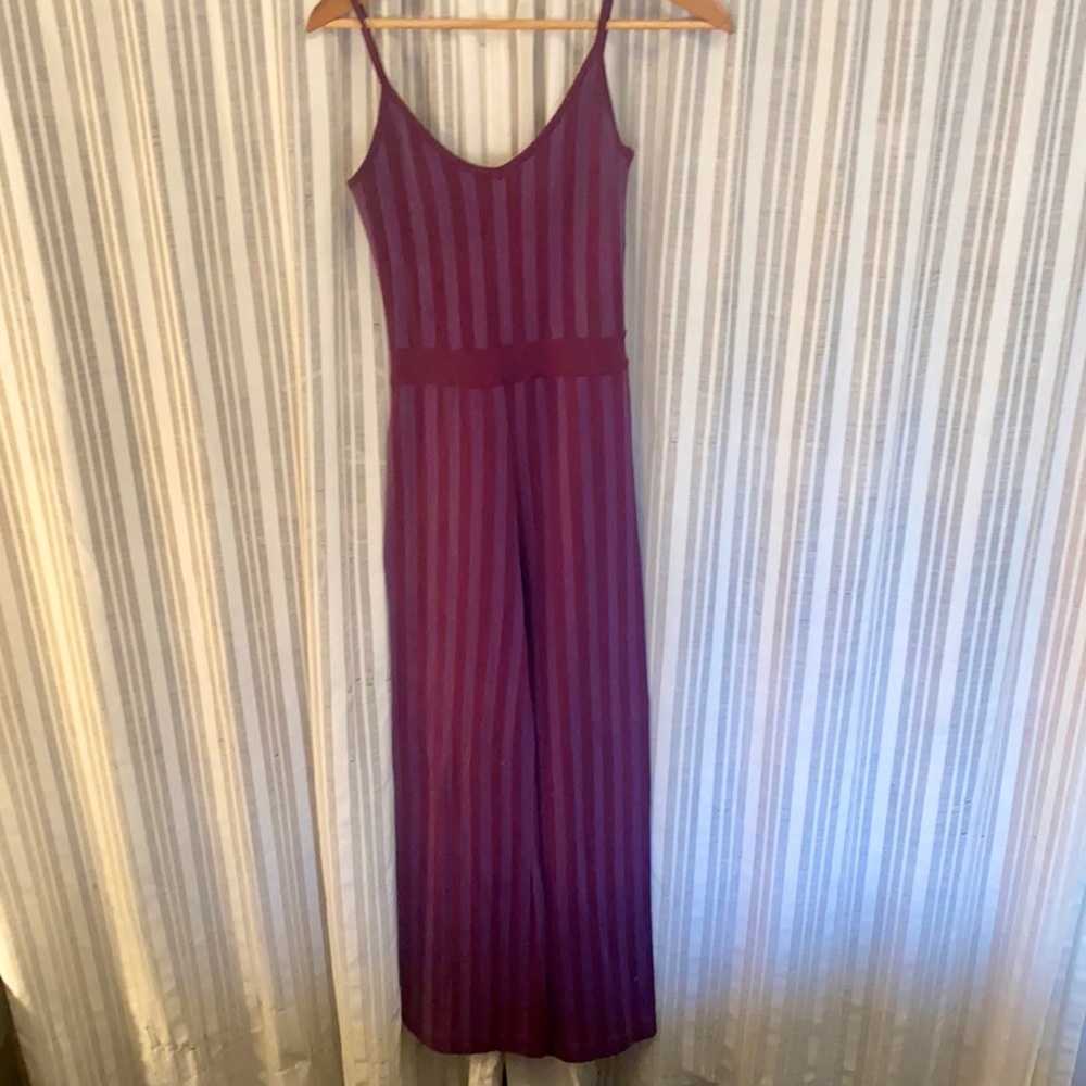Eggplant, Vertical-Striped Knit Jumpsuit with Spaghetti Straps